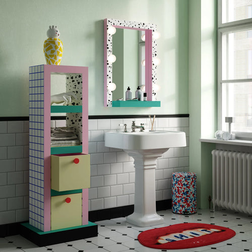 Estantería de baño de MDF, madera y laminado con cuadrícula azul